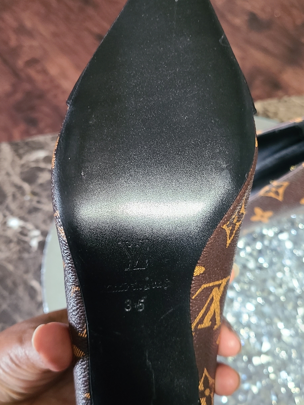 Louis Vuitton Black and Brown Monogram Pointed-Toe Heels - Picture 5 of 9